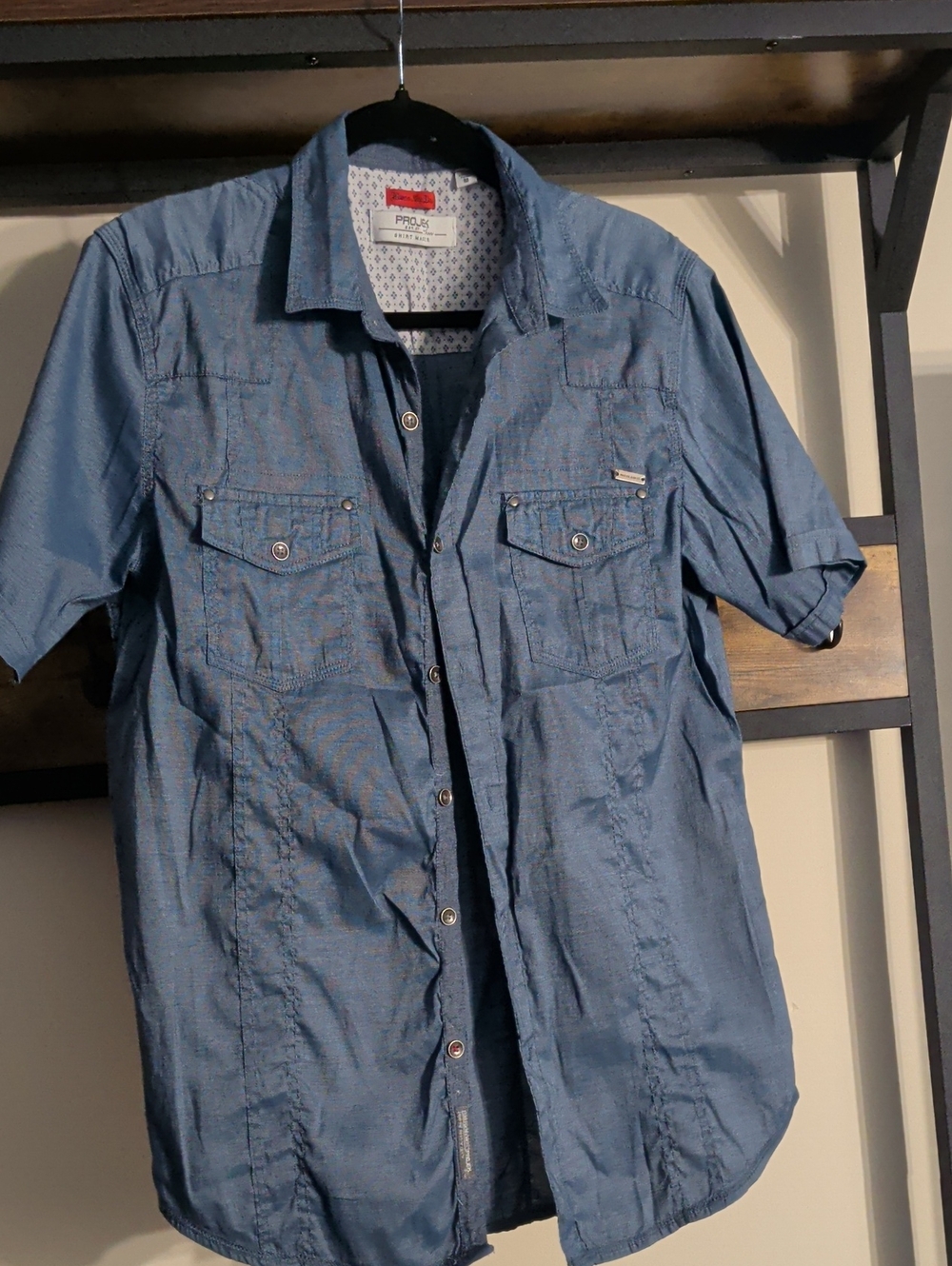 Projek Raw Denim-Style Short Sleeve Button Down Shirt - Blue